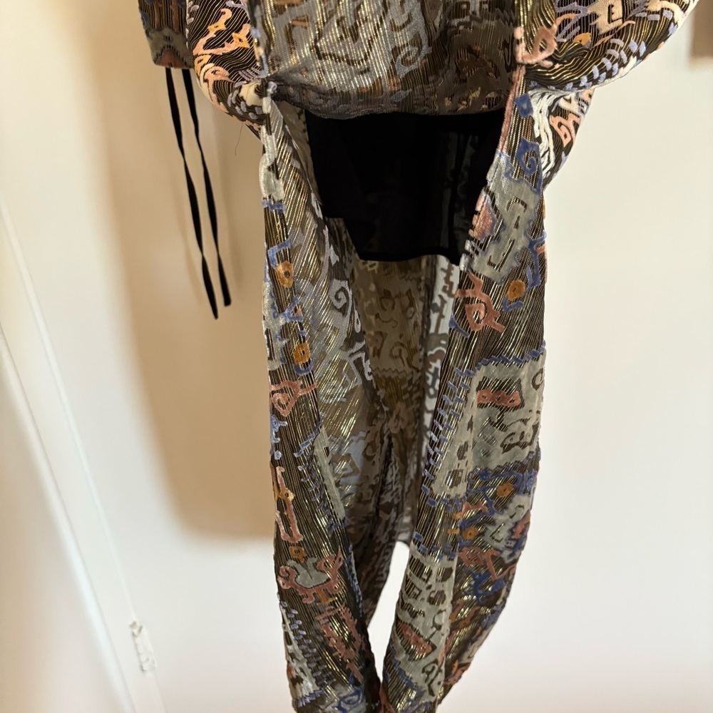 TOPSHOP Fairy Women Size 2 Floral Velvet 70s Style Front Slits Midi Dress Gold - Picture 14 of 14